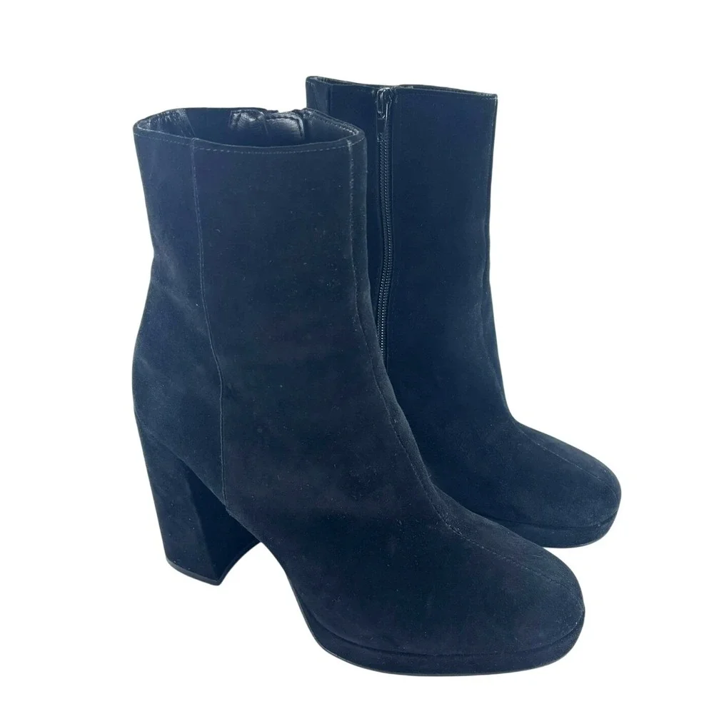 Steve‎ Madden Black Suede Boots Sz 10 Block Heel Ankle Zip 90s Whimsigoth Goth